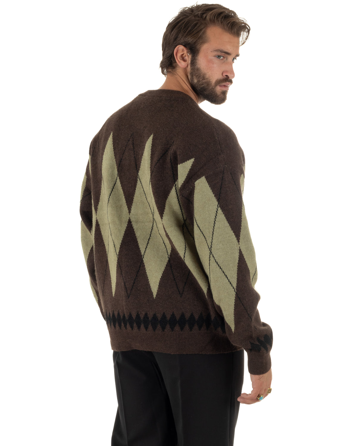 Cardigan uomo maglia over fit scollo v fantasia a rombo bicolore marrone GIOSAL-M3169A