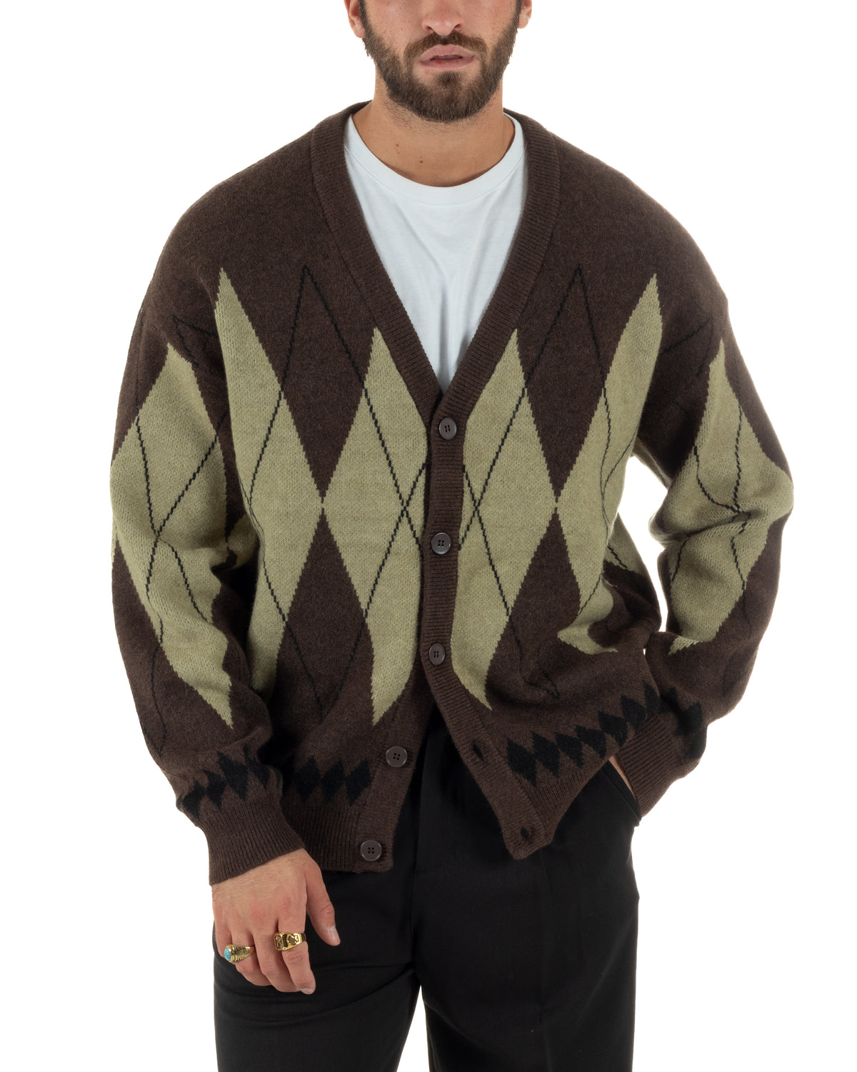 Cardigan uomo maglia over fit scollo v fantasia a rombo bicolore marrone GIOSAL-M3169A