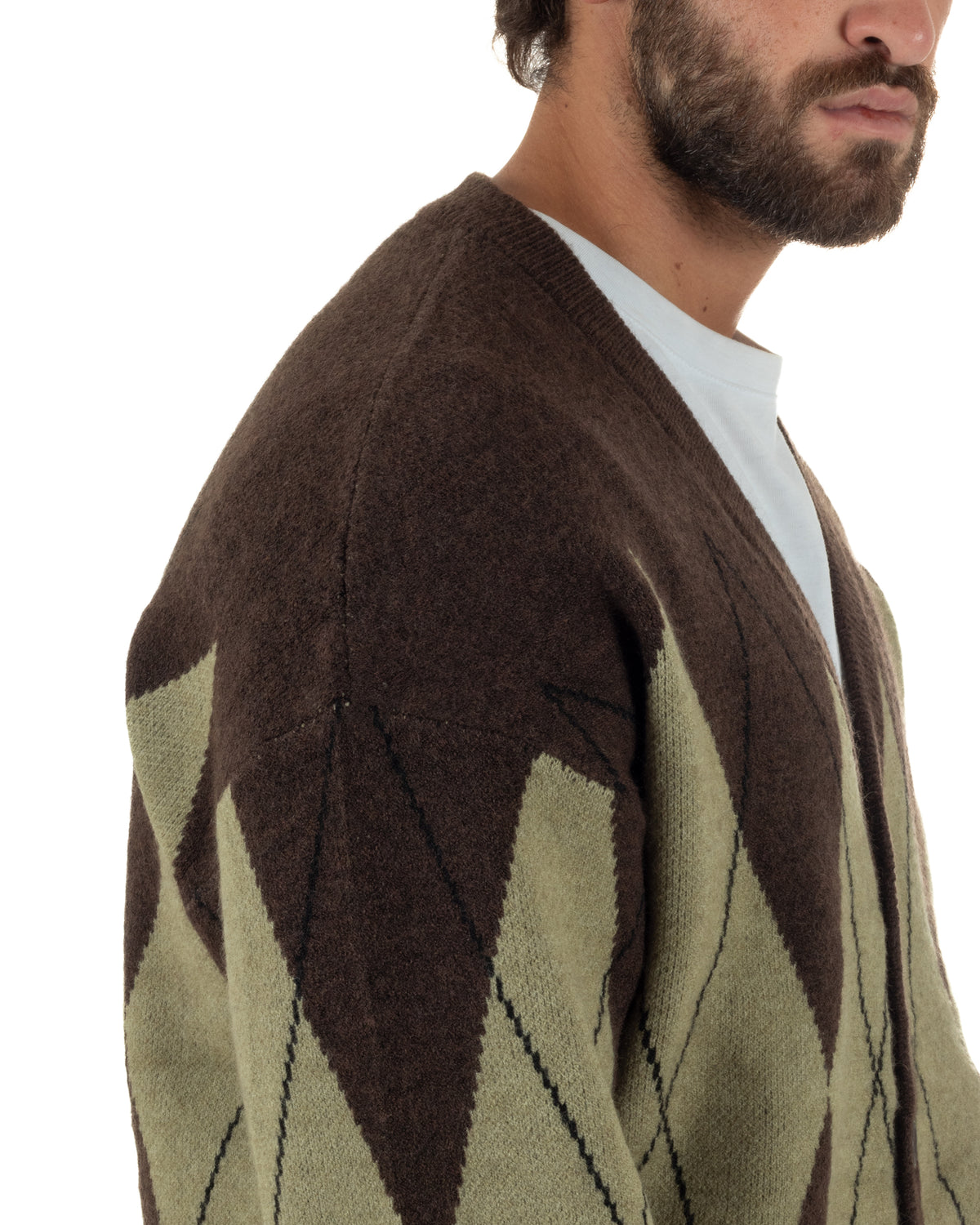 Cardigan uomo maglia over fit scollo v fantasia a rombo bicolore marrone GIOSAL-M3169A