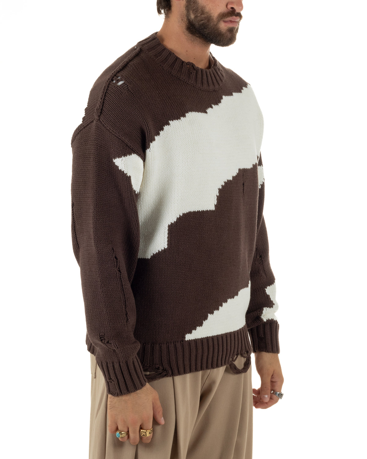Maglioncino uomo girocollo maglia spalle scese gola alta rotture bicolore marrone GIOSAL-M3170A