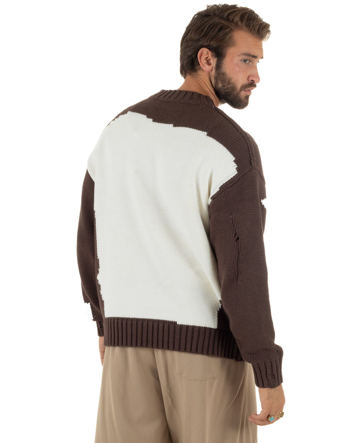 Maglioncino uomo girocollo maglia spalle scese gola alta rotture bicolore marrone GIOSAL-M3170A
