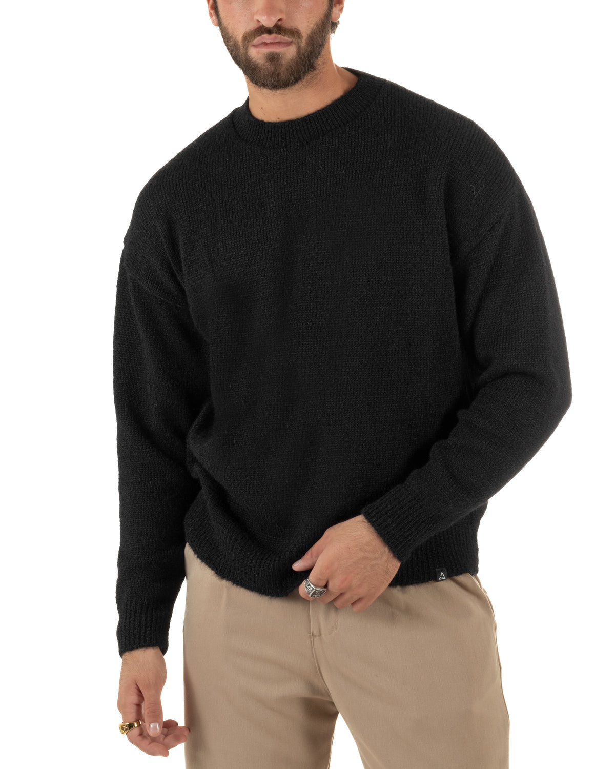 Maglioncino uomo girocollo maglia lana mohair morbida spalle scese nero GIOSAL-M3171A