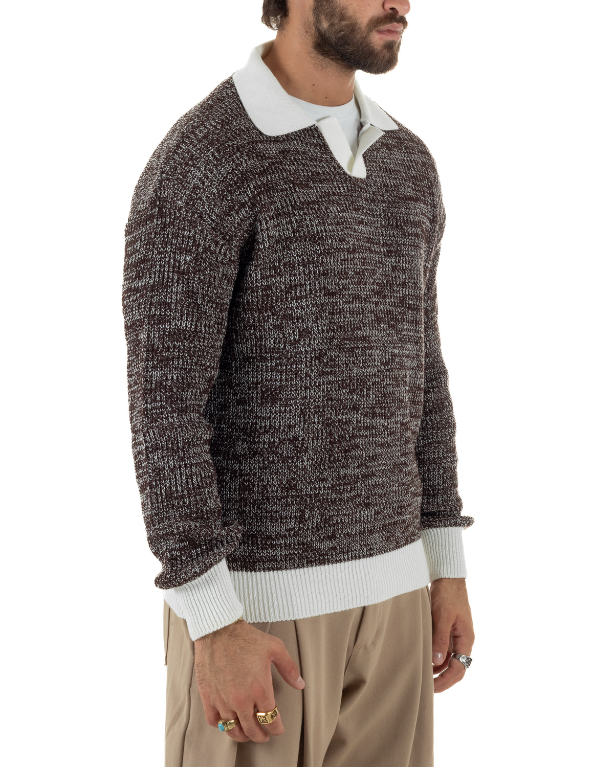 Polo lana uomo maglia mélange colletto aperto derby marrone GIOSAL-M3173A