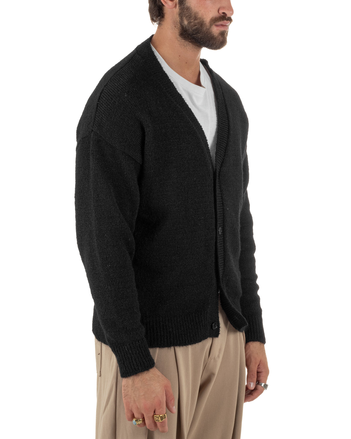 Cardigan lana mohair uomo maglia boxy fit morbido scollo a V bottoni nero GIOSAL-M3174A