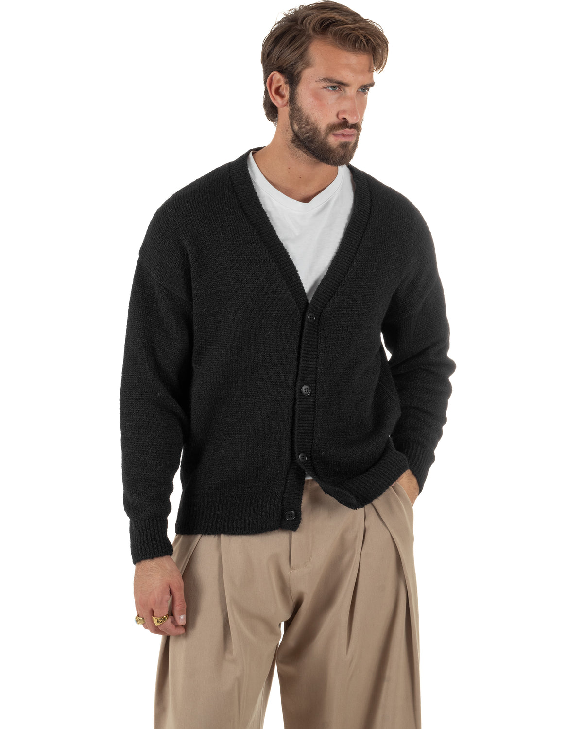Cardigan lana mohair uomo maglia boxy fit morbido scollo a V bottoni nero GIOSAL-M3174A