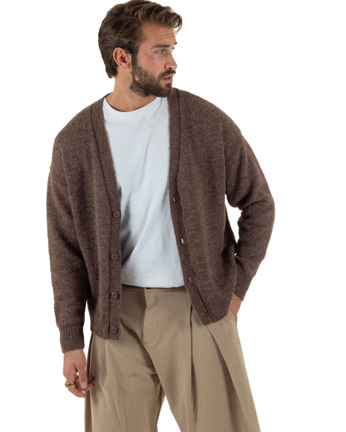 Cardigan lana mohair uomo maglia boxy fit morbido scollo a V bottoni marrone GIOSAL-M3175A