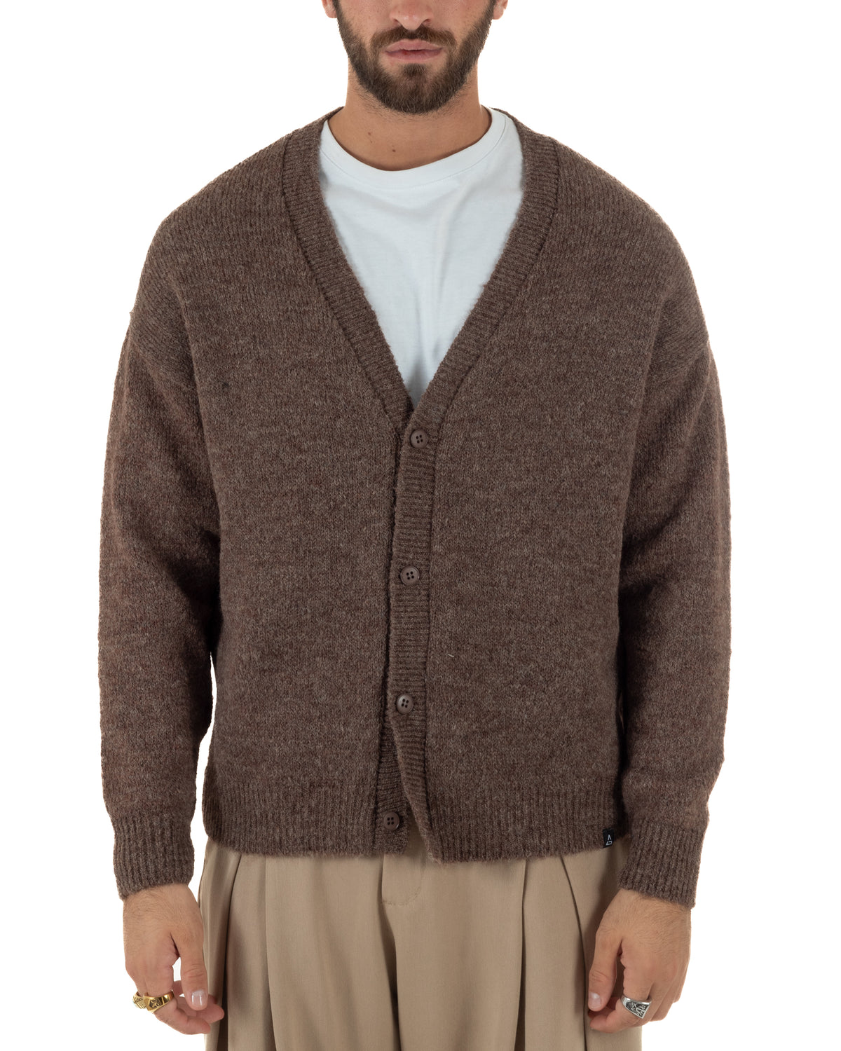 Cardigan lana mohair uomo maglia boxy fit morbido scollo a V bottoni marrone GIOSAL-M3175A