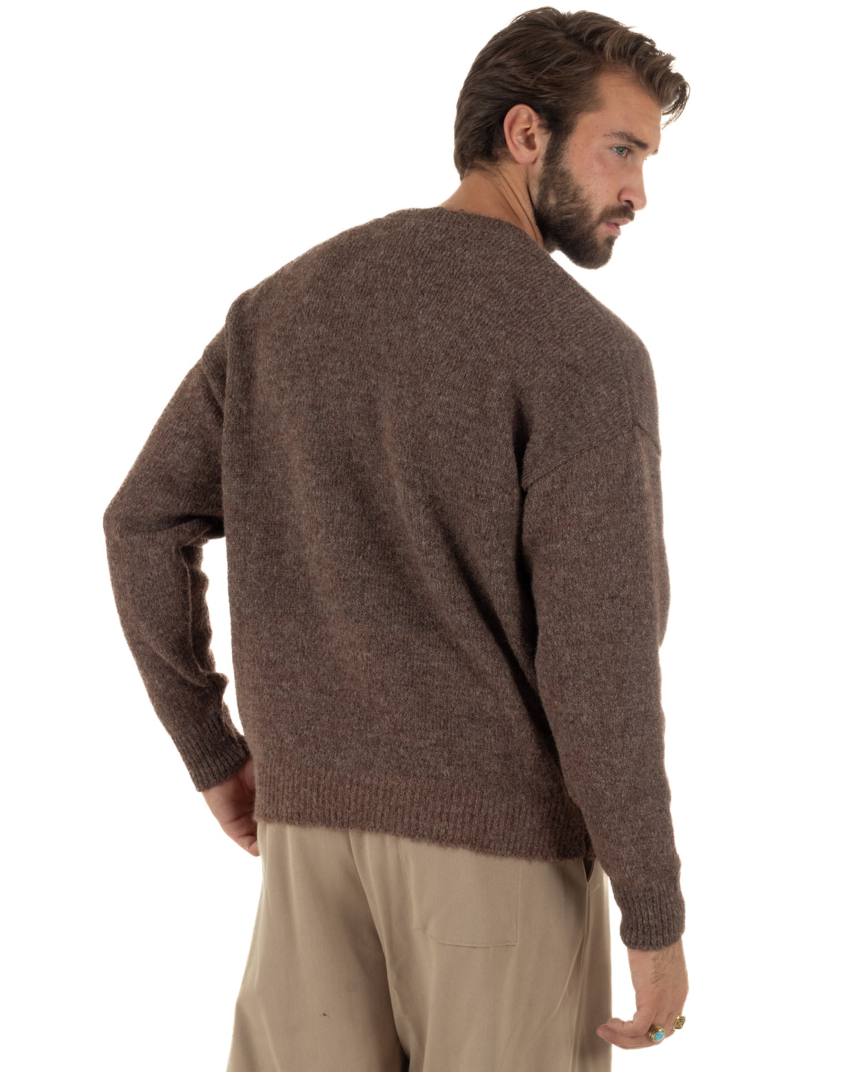 Cardigan lana mohair uomo maglia boxy fit morbido scollo a V bottoni marrone GIOSAL-M3175A