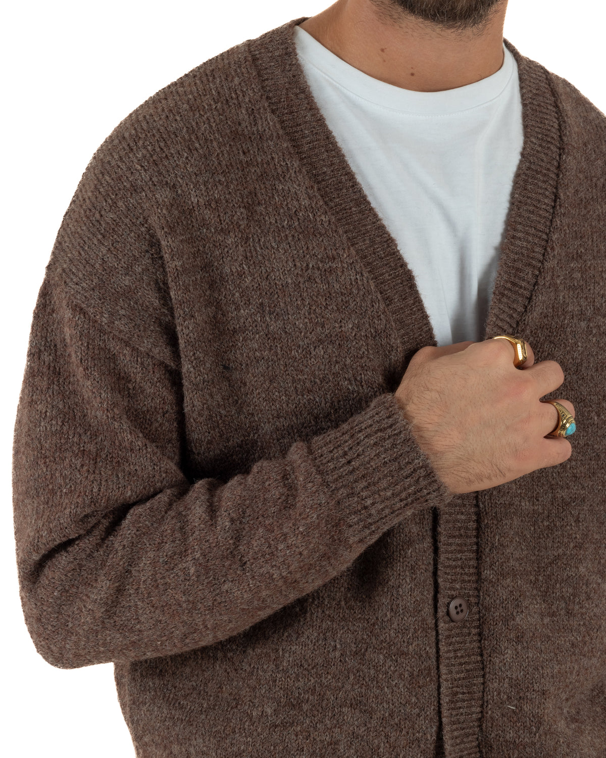 Cardigan lana mohair uomo maglia boxy fit morbido scollo a V bottoni marrone GIOSAL-M3175A
