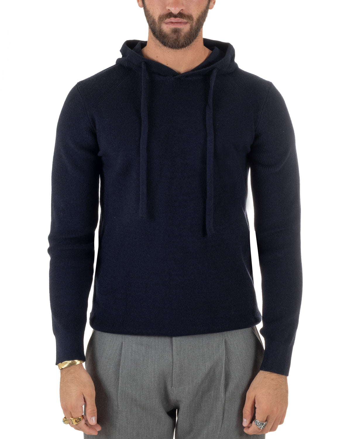 Maglioncino uomo maglia mélange con cappuccio coulisse blu GIOSAL-M3177A