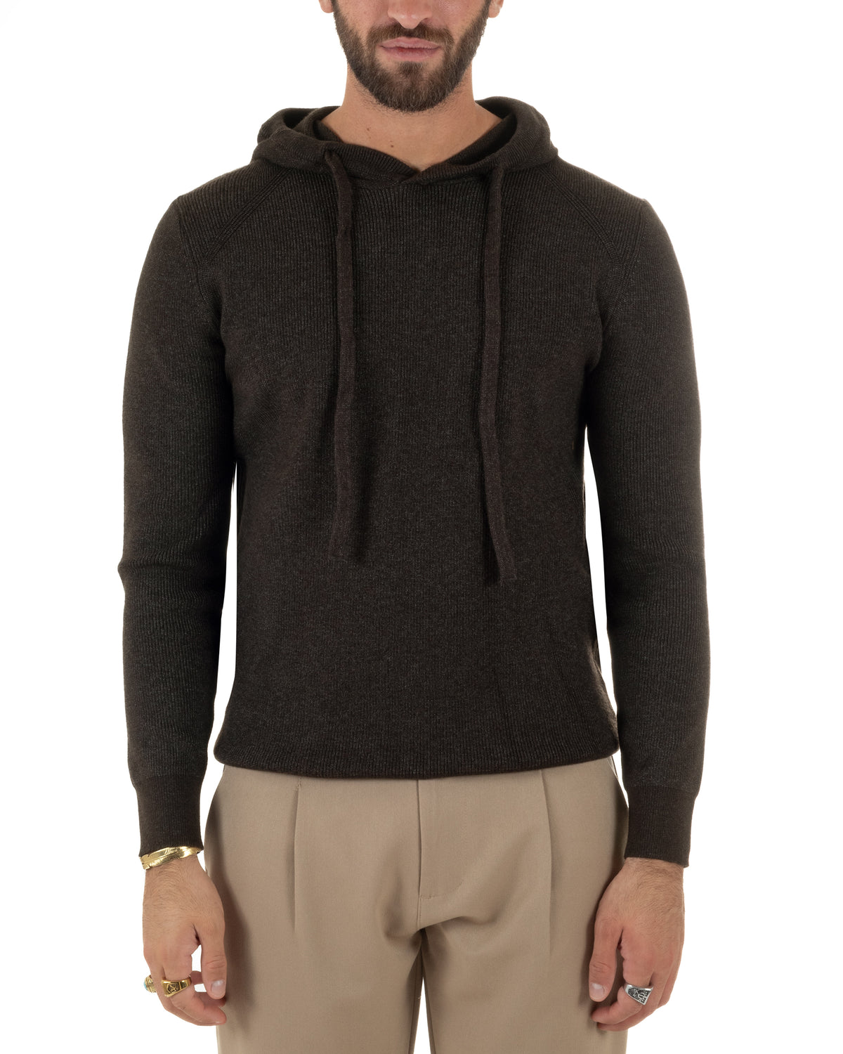 Maglioncino uomo maglia mélange con cappuccio coulisse marrone GIOSAL-M3178A