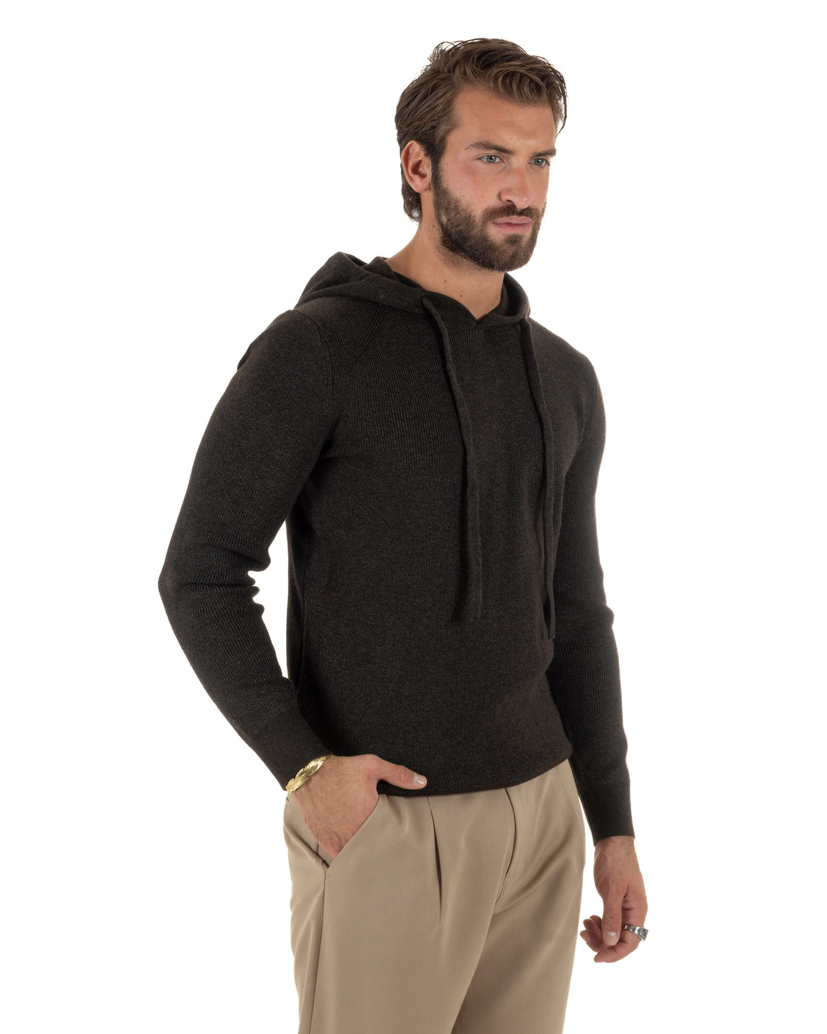 Maglioncino uomo maglia mélange con cappuccio coulisse marrone GIOSAL-M3178A