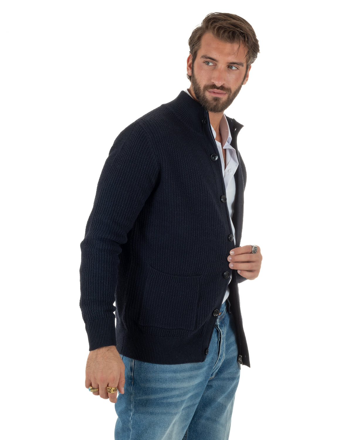 Cardigan lana uomo giacca collo alto maglia nido d'ape bottoni blu GIOSAL-M3179A