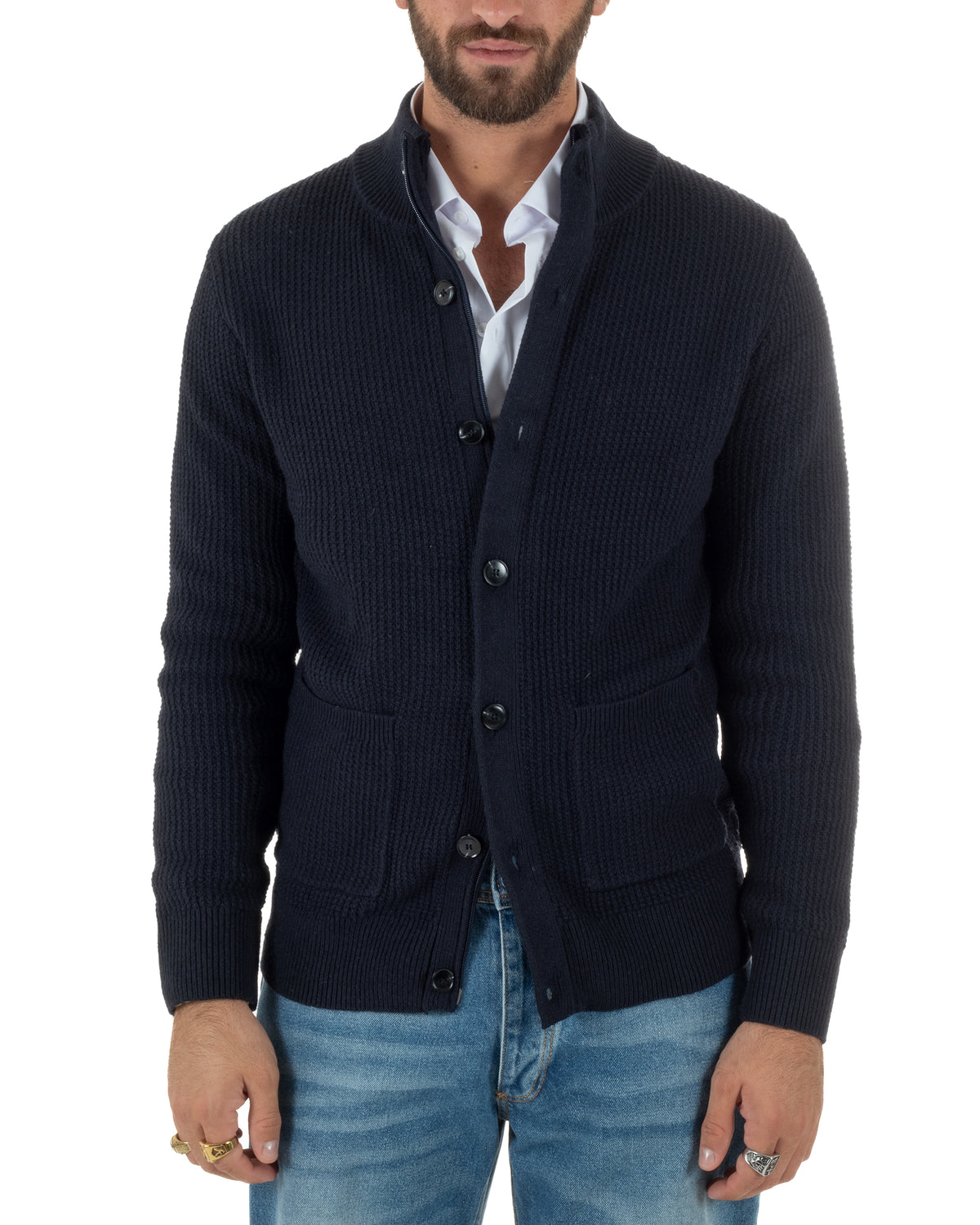 Cardigan lana uomo giacca collo alto maglia nido d'ape bottoni blu GIOSAL-M3179A