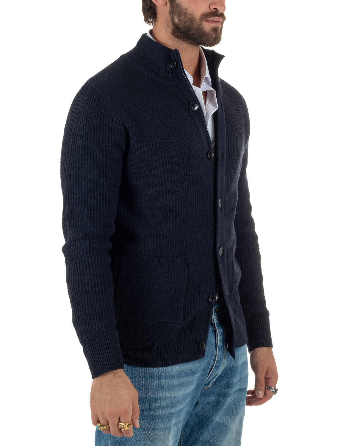 Cardigan lana uomo giacca collo alto maglia nido d'ape bottoni blu GIOSAL-M3179A