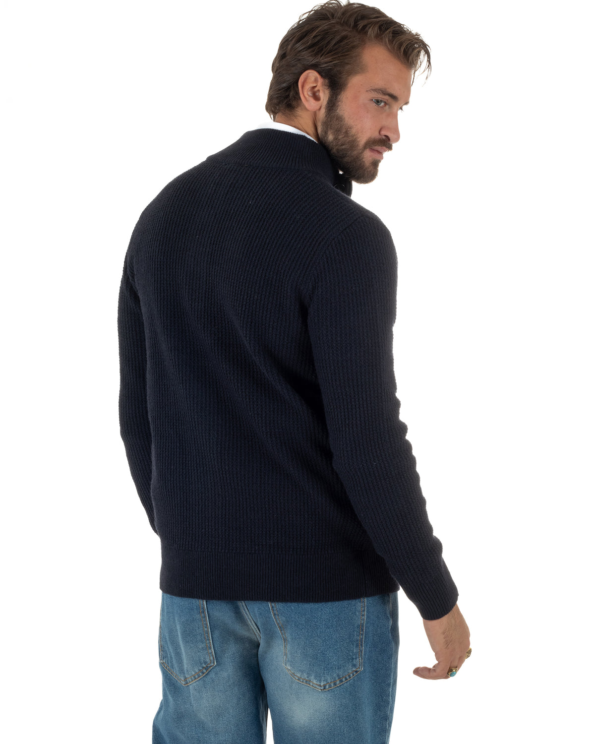 Cardigan lana uomo giacca collo alto maglia nido d'ape bottoni blu GIOSAL-M3179A