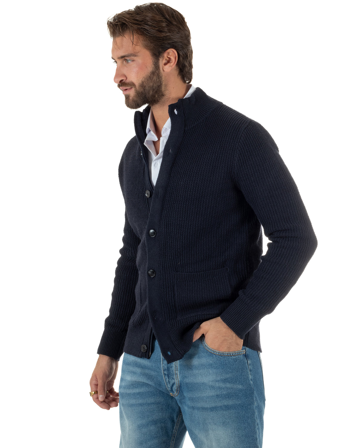 Cardigan lana uomo giacca collo alto maglia nido d'ape bottoni blu GIOSAL-M3179A