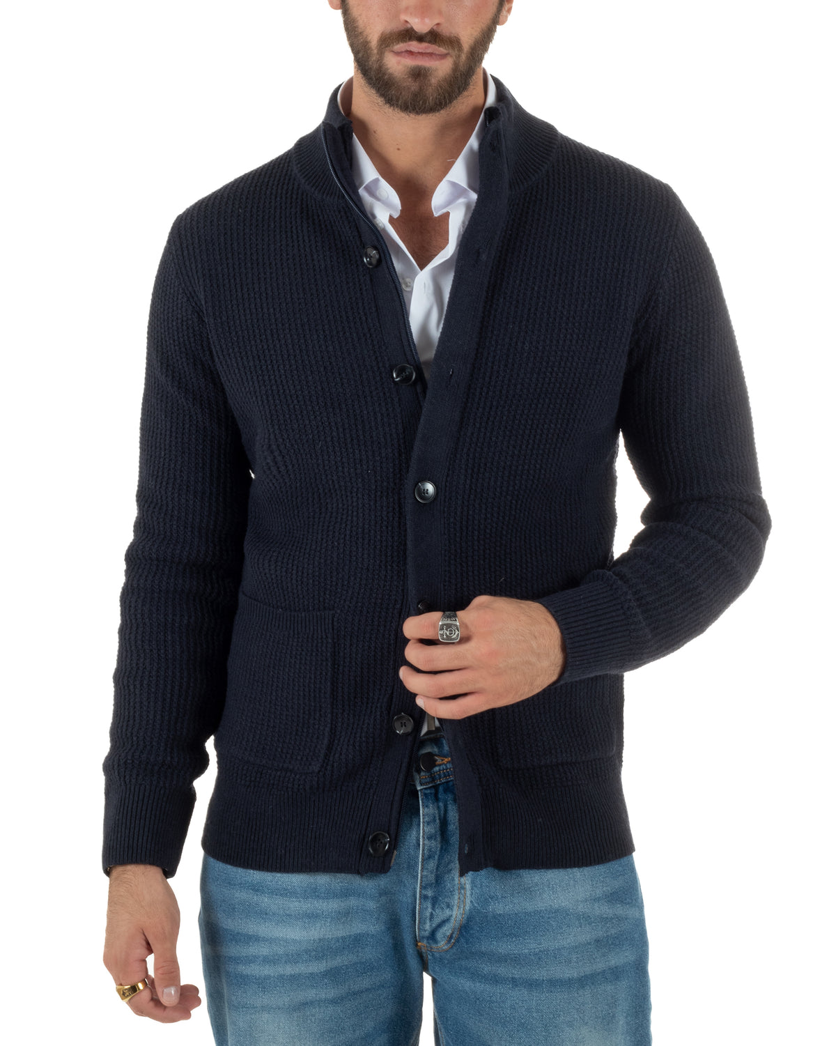 Cardigan lana uomo giacca collo alto maglia nido d'ape bottoni blu GIOSAL-M3179A