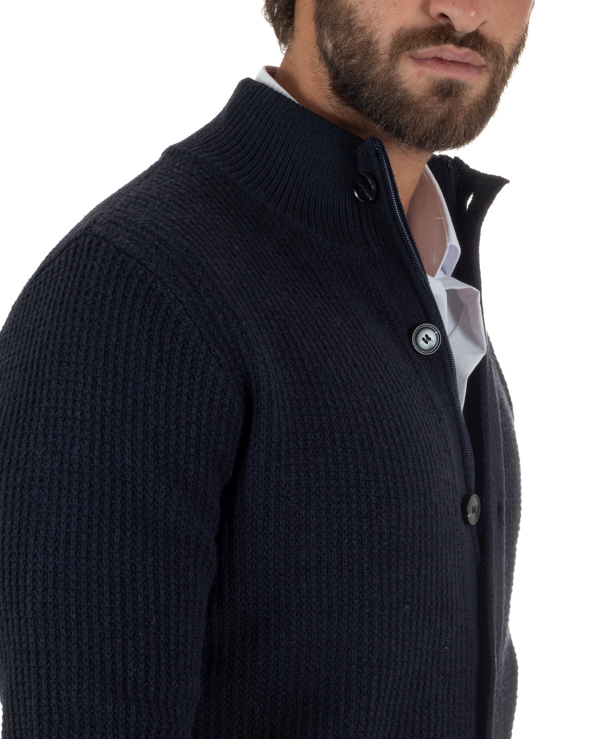 Cardigan lana uomo giacca collo alto maglia nido d'ape bottoni blu GIOSAL-M3179A