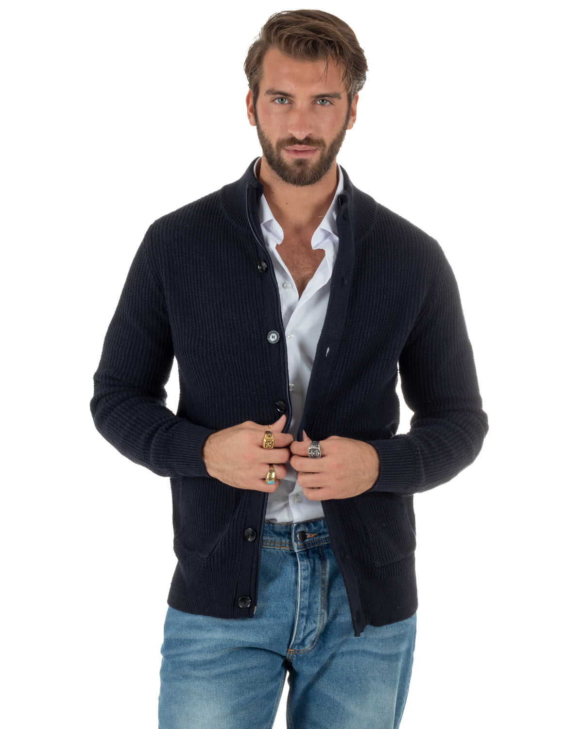 Cardigan lana uomo giacca collo alto maglia nido d'ape bottoni blu GIOSAL-M3179A