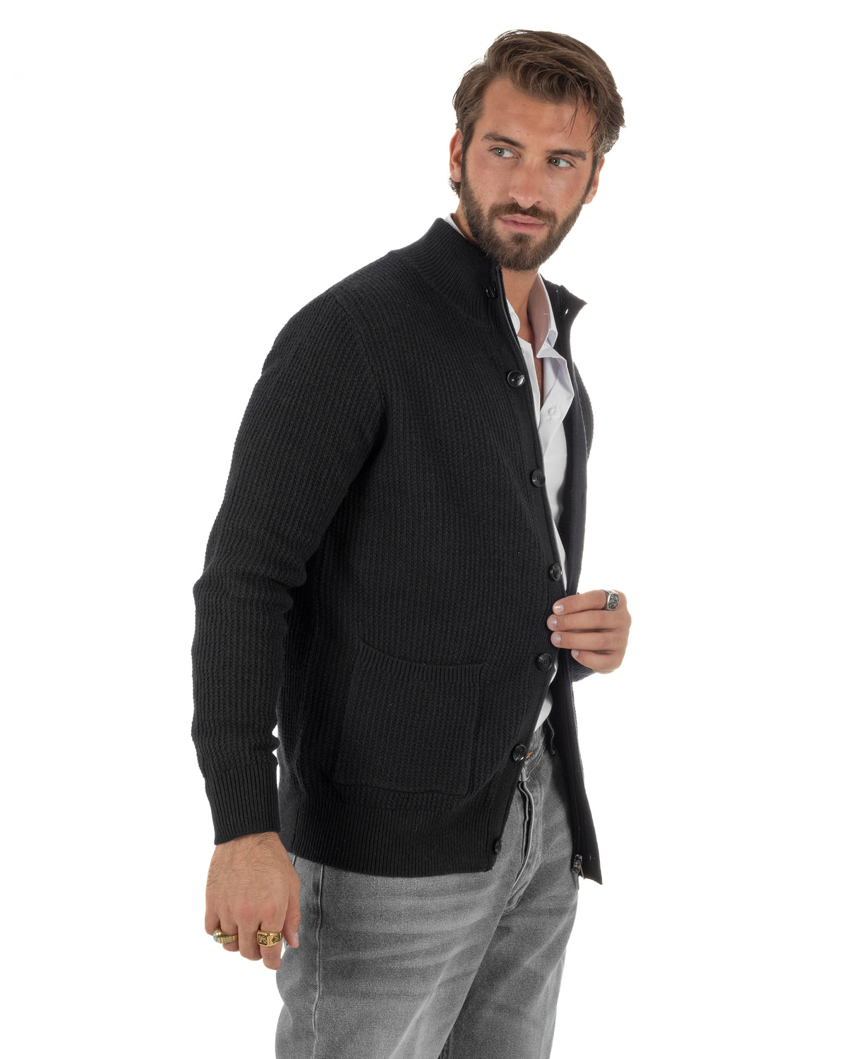Cardigan lana uomo giacca collo alto maglia nido d'ape bottoni nero GIOSAL-M3180A