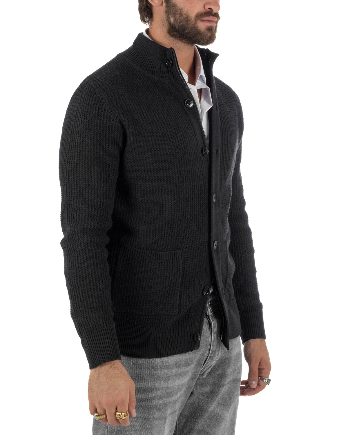 Cardigan lana uomo giacca collo alto maglia nido d'ape bottoni nero GIOSAL-M3180A