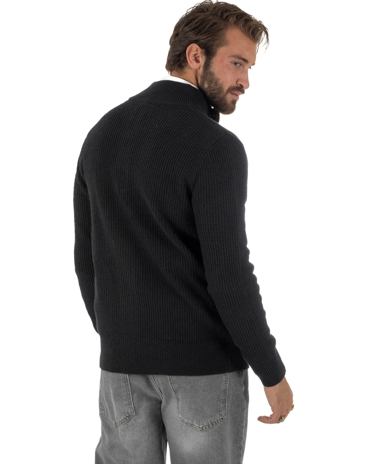 Cardigan lana uomo giacca collo alto maglia nido d'ape bottoni nero GIOSAL-M3180A