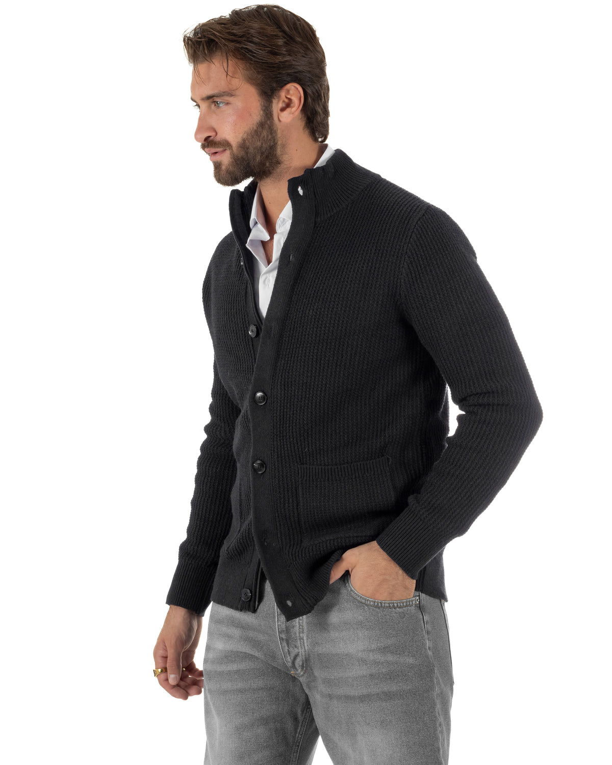 Cardigan lana uomo giacca collo alto maglia nido d'ape bottoni nero GIOSAL-M3180A