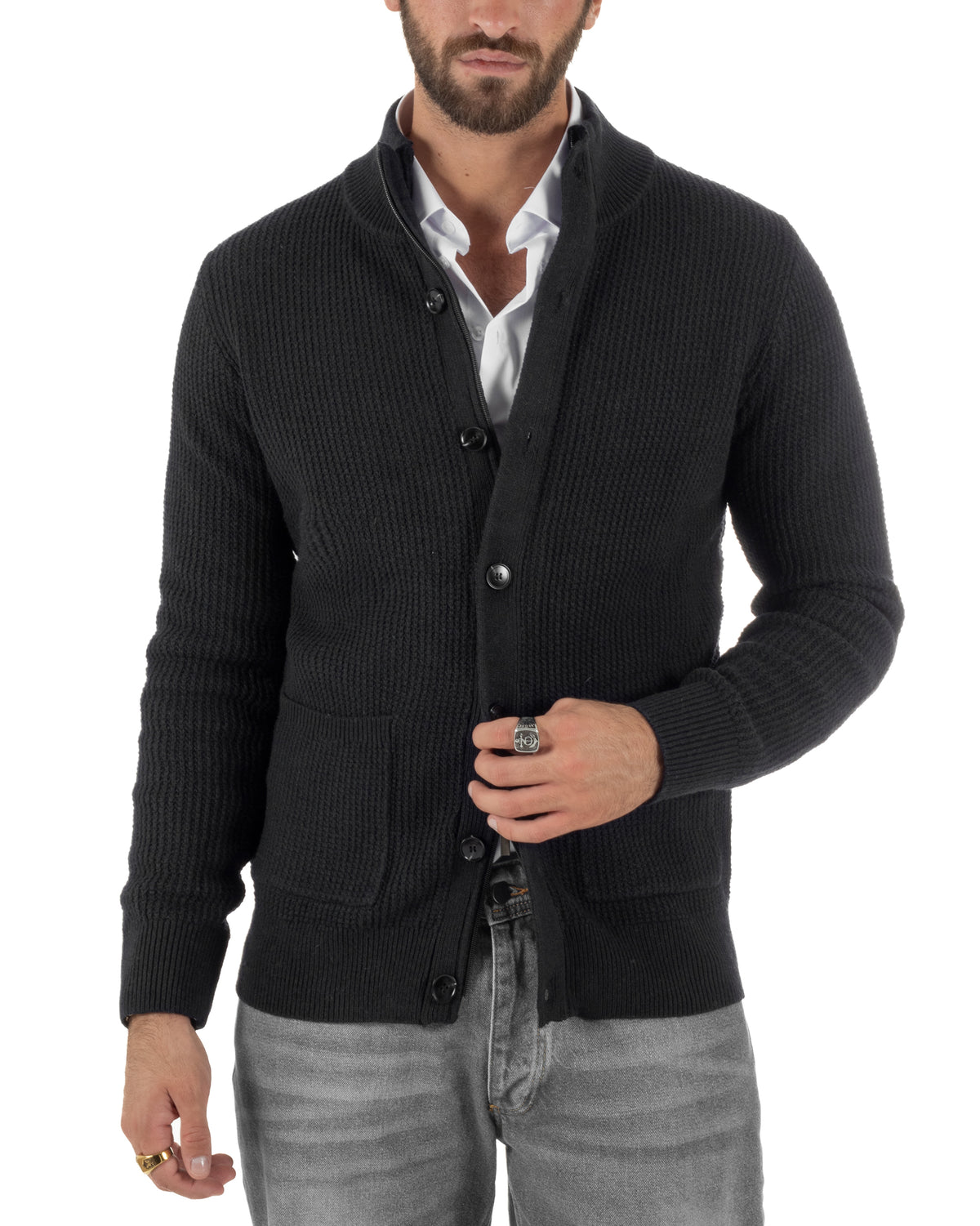 Cardigan lana uomo giacca collo alto maglia nido d'ape bottoni nero GIOSAL-M3180A