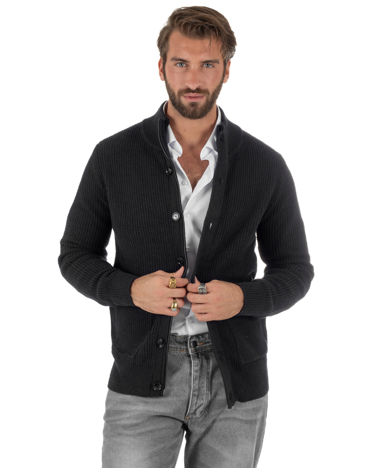 Cardigan lana uomo giacca collo alto maglia nido d'ape bottoni nero GIOSAL-M3180A