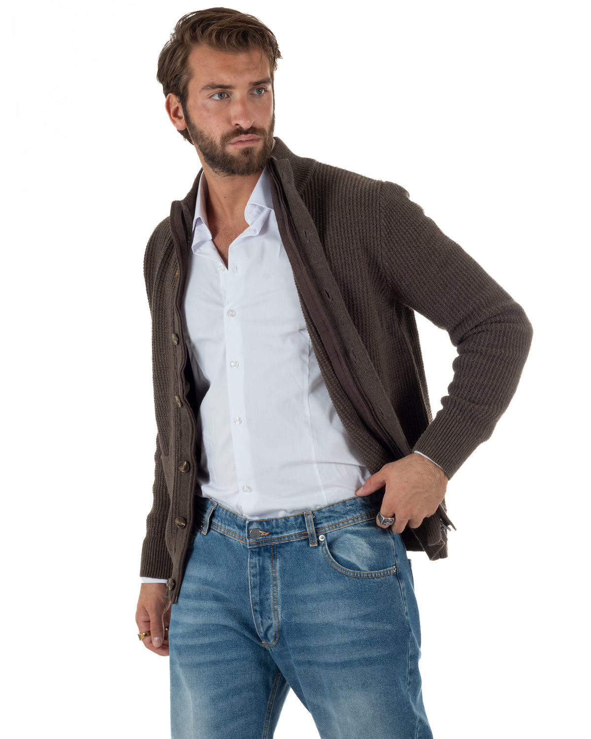 Cardigan lana uomo giacca collo alto maglia nido d'ape bottoni marrone GIOSAL-M3181A