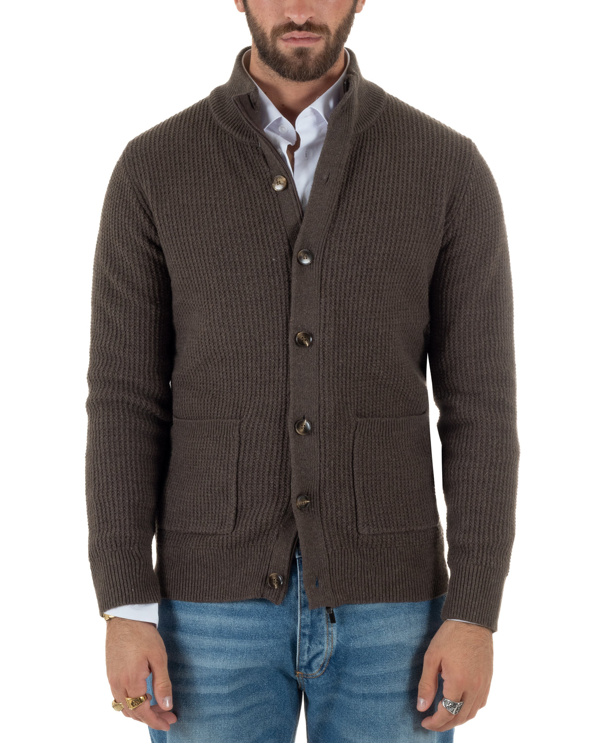 Cardigan lana uomo giacca collo alto maglia nido d'ape bottoni marrone GIOSAL-M3181A