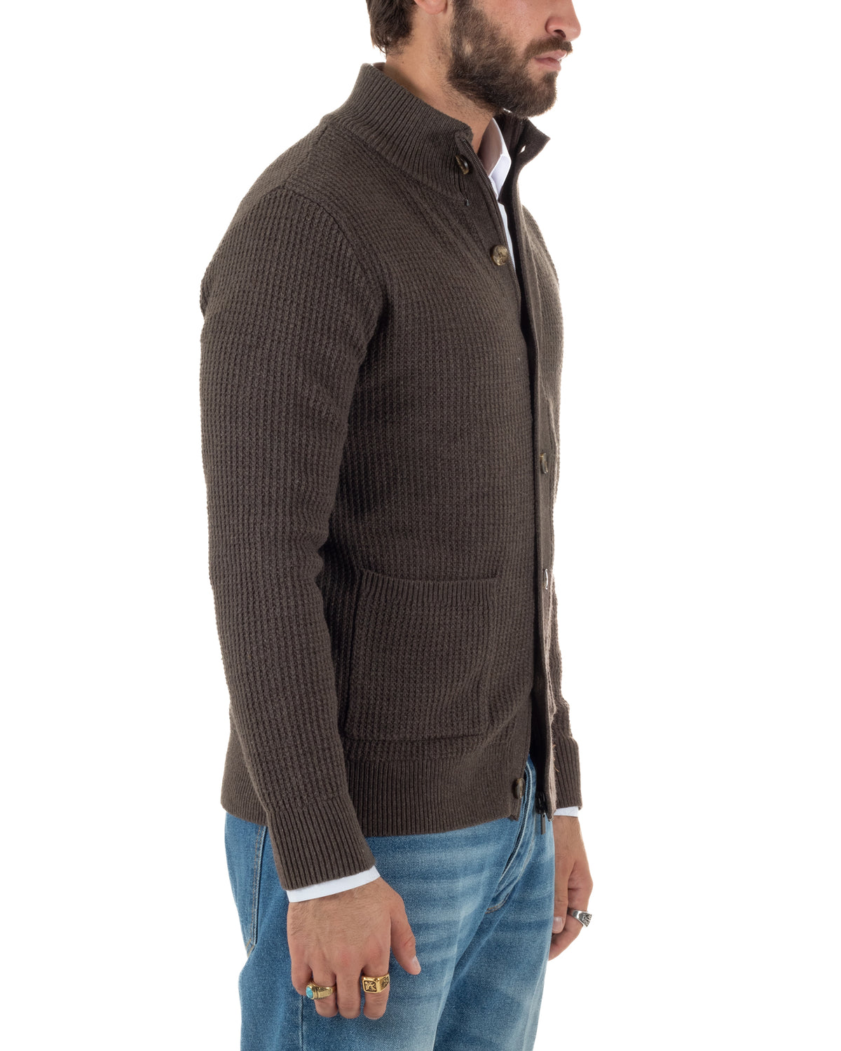 Cardigan lana uomo giacca collo alto maglia nido d'ape bottoni marrone GIOSAL-M3181A