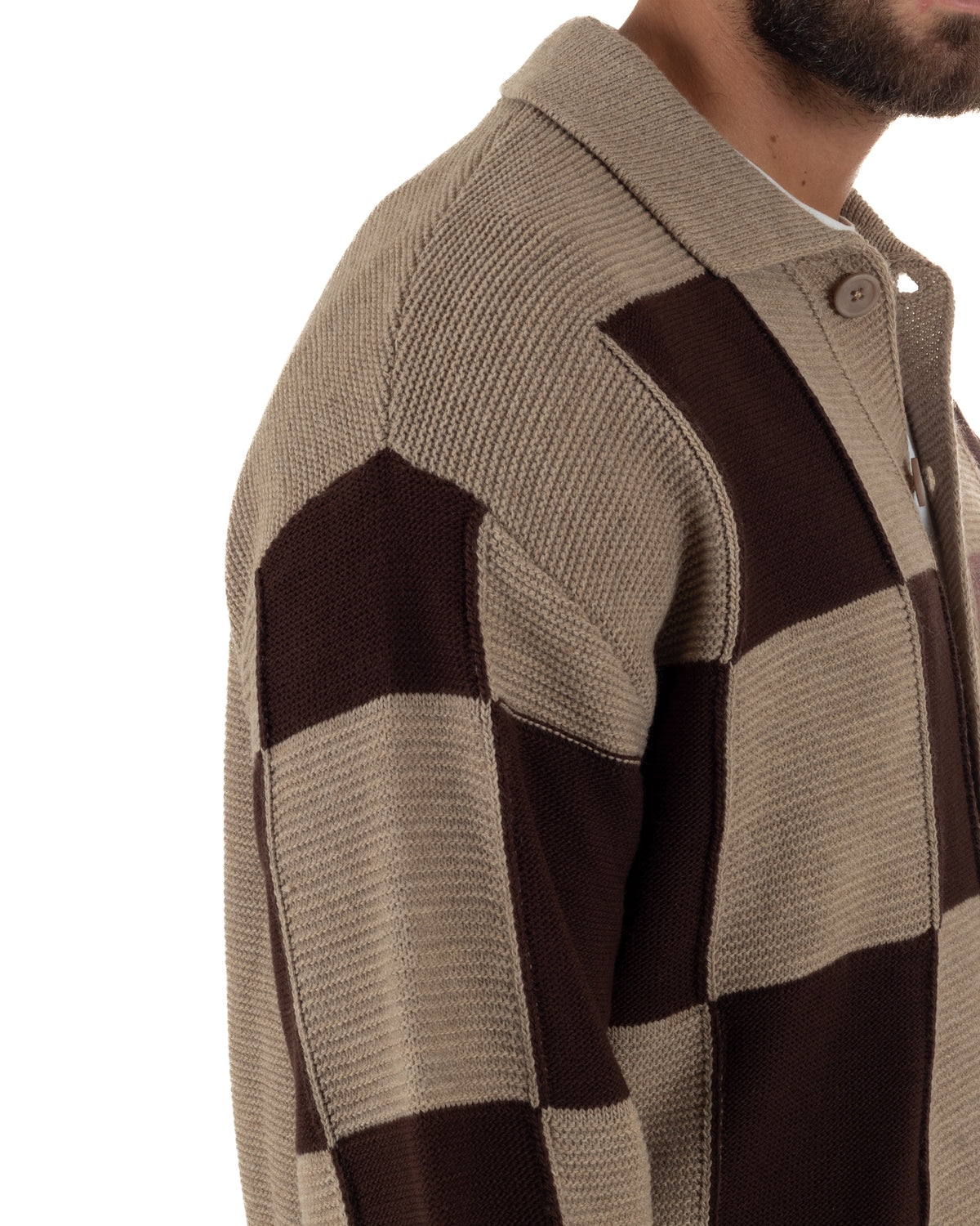 Cardigan lana uomo maglia fantasia a scacchi colletto polo beige GIOSAL-M3182A