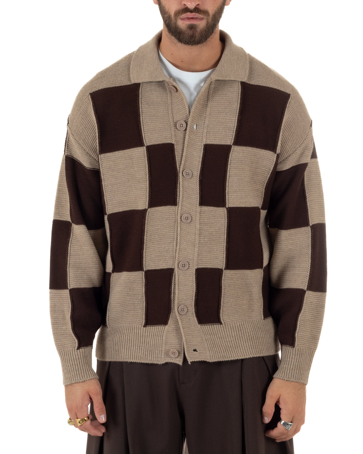 Cardigan lana uomo maglia fantasia a scacchi colletto polo beige GIOSAL-M3182A
