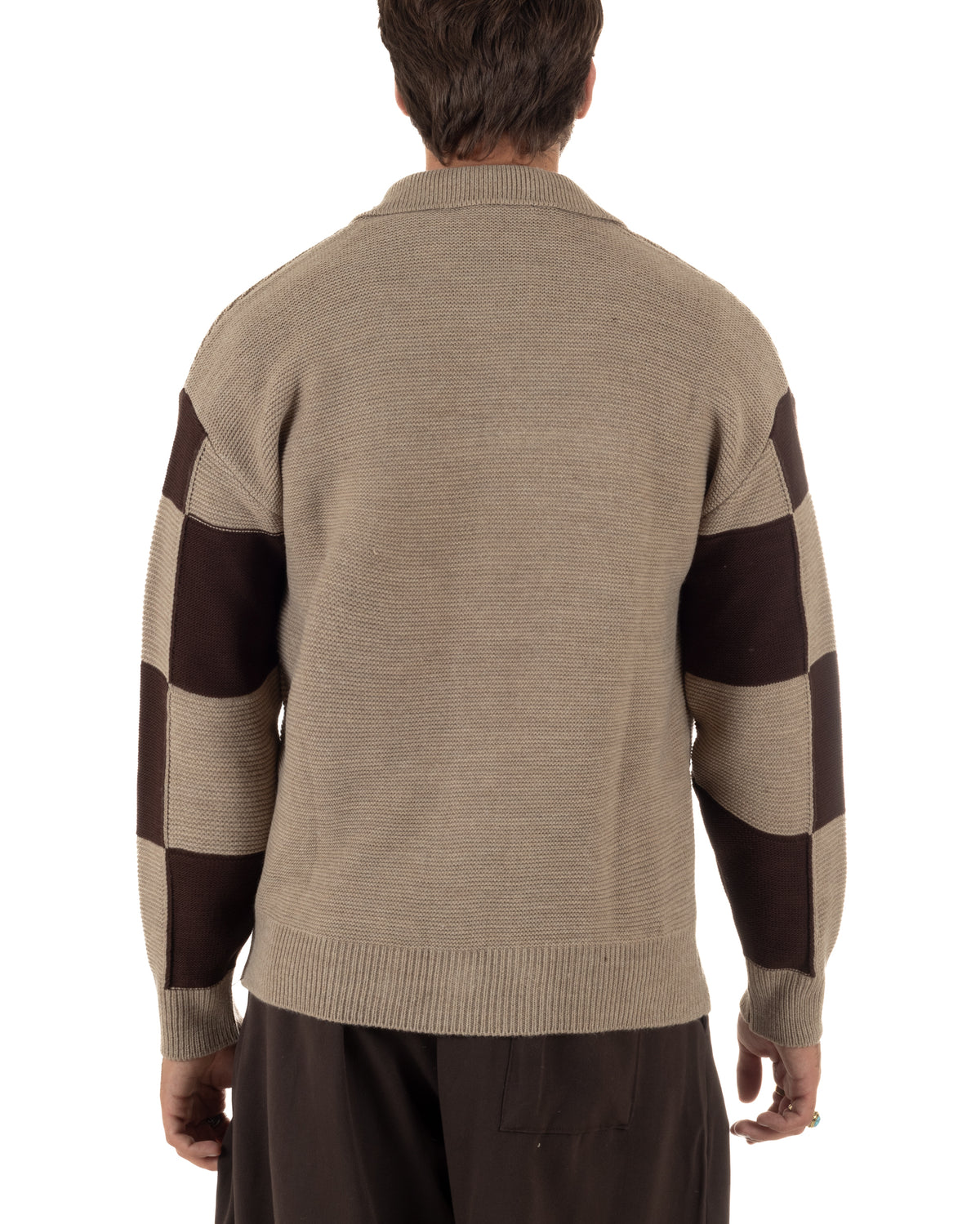 Cardigan lana uomo maglia fantasia a scacchi colletto polo beige GIOSAL-M3182A