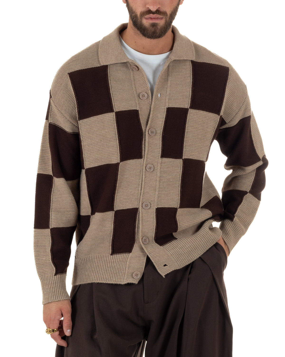 Cardigan lana uomo maglia fantasia a scacchi colletto polo beige GIOSAL-M3182A