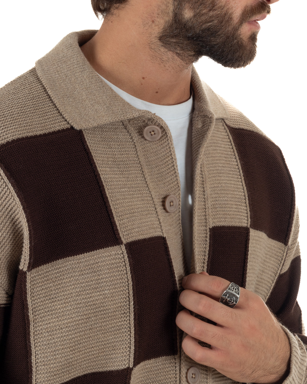 Cardigan lana uomo maglia fantasia a scacchi colletto polo beige GIOSAL-M3182A