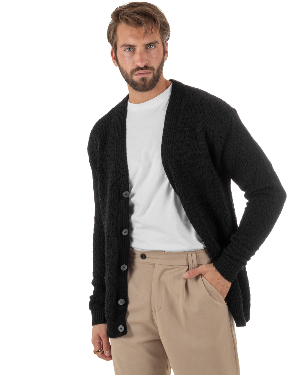 Cardigan lana uomo maglia traforata scollo a V bottoni nero GIOSAL-M3184A