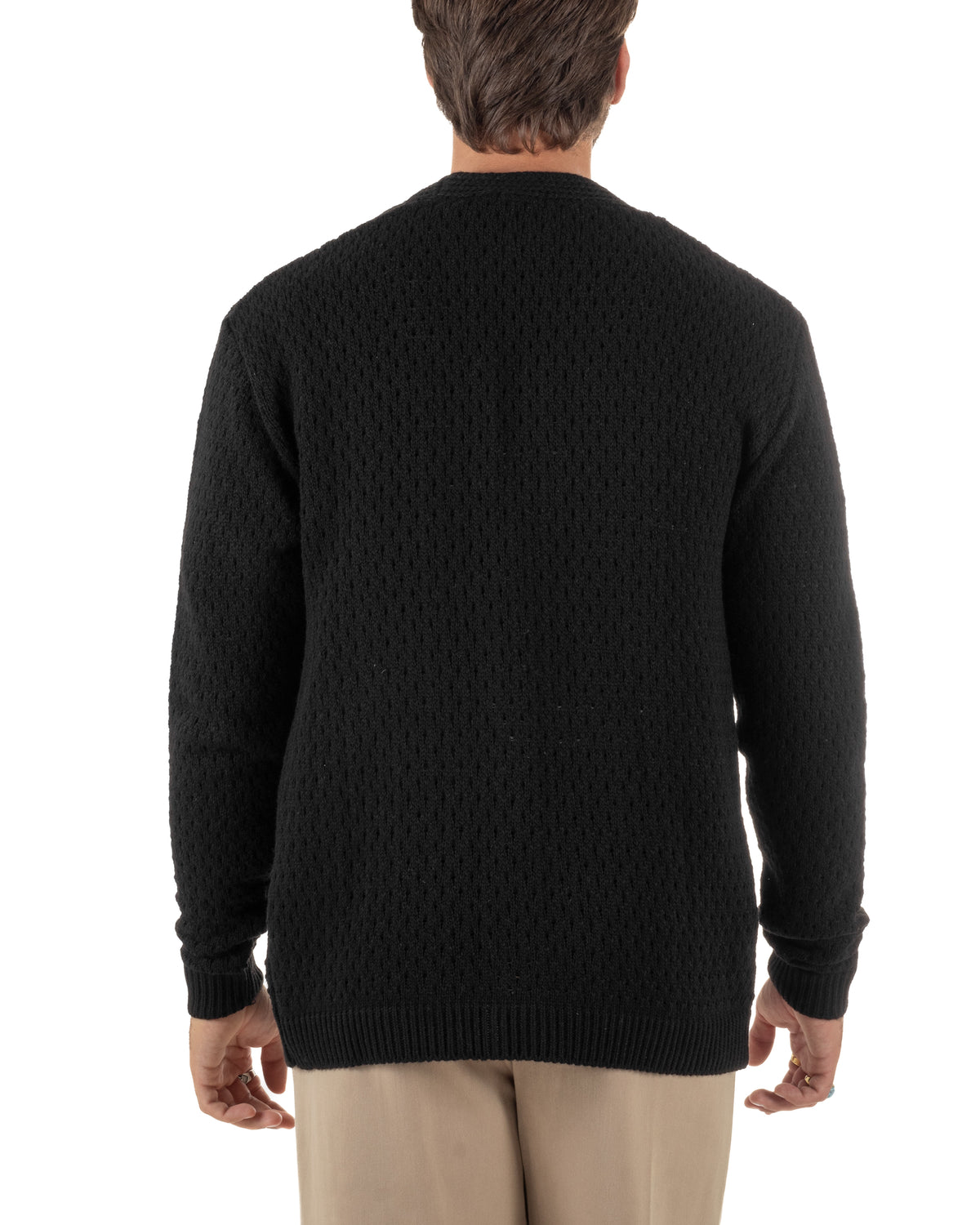 Cardigan lana uomo maglia traforata scollo a V bottoni nero GIOSAL-M3184A