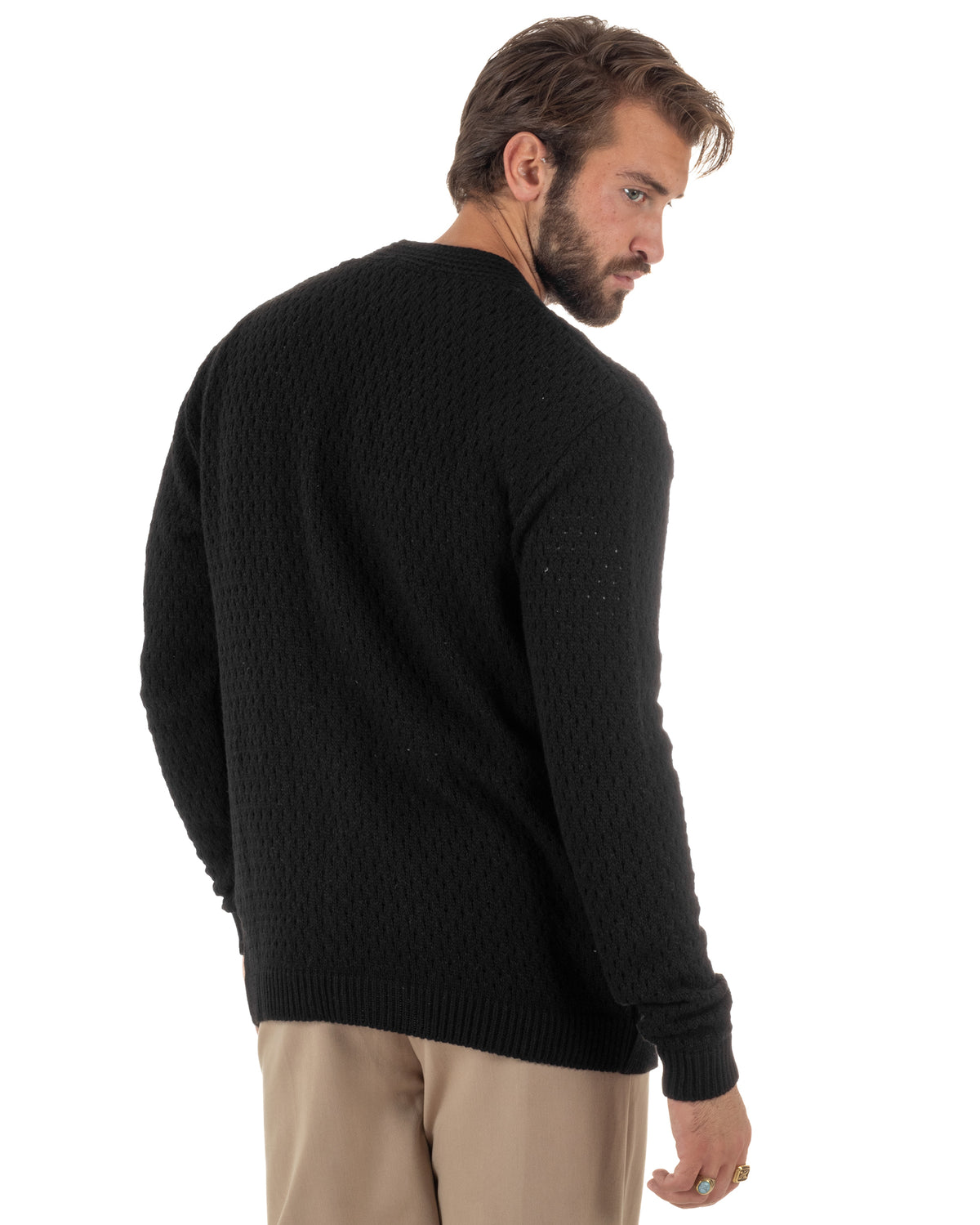 Cardigan lana uomo maglia traforata scollo a V bottoni nero GIOSAL-M3184A