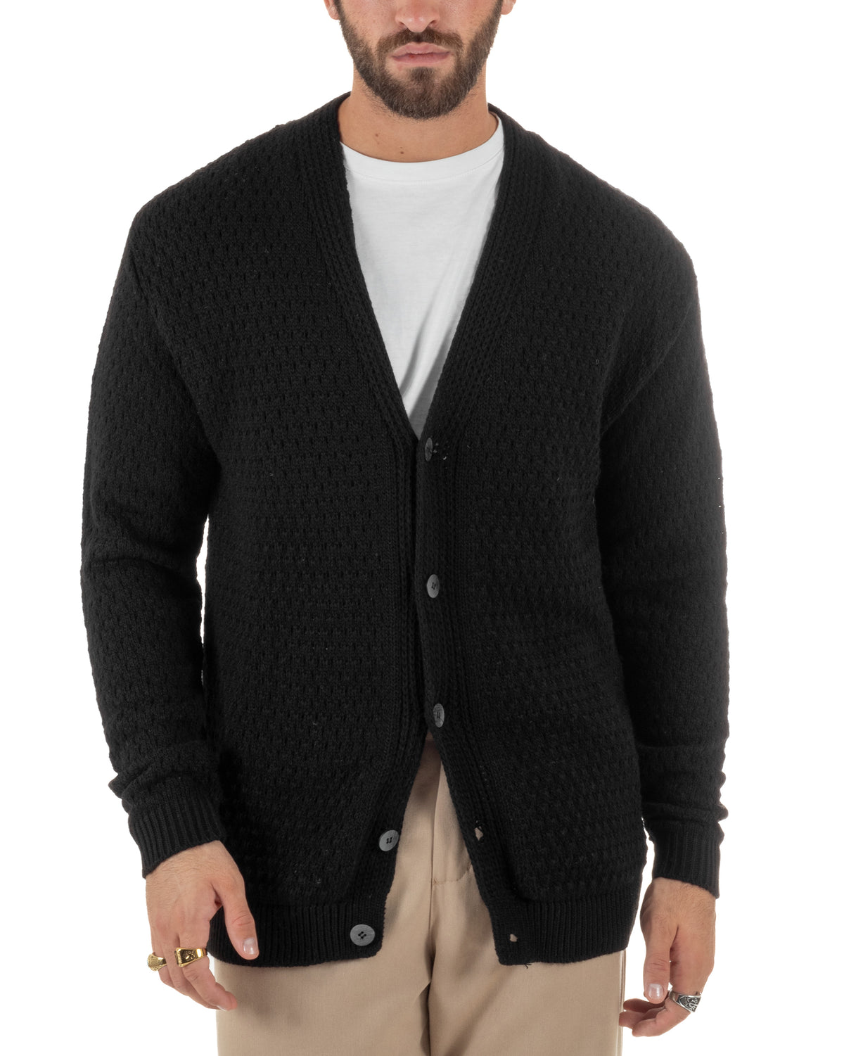 Cardigan lana uomo maglia traforata scollo a V bottoni nero GIOSAL-M3184A