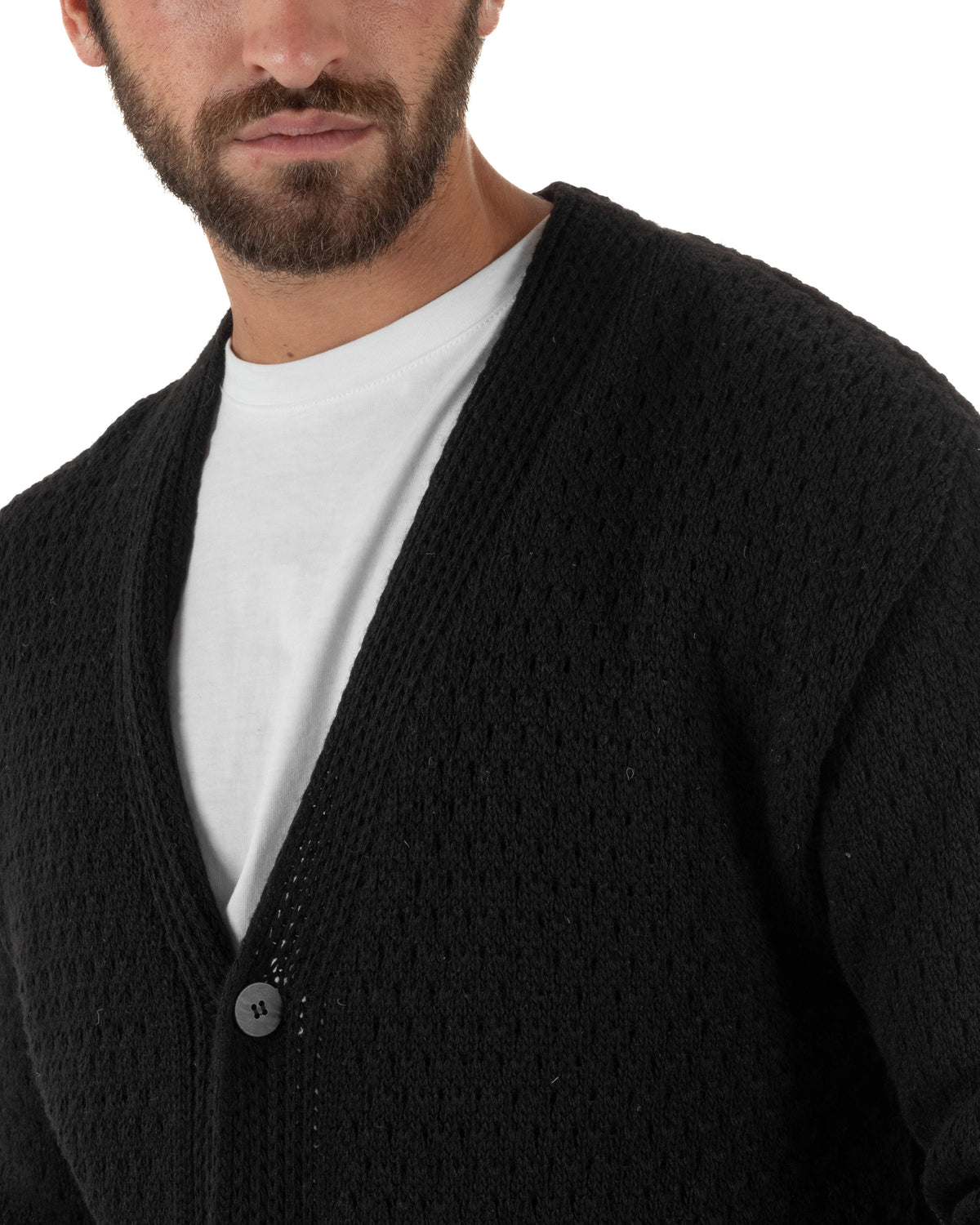 Cardigan lana uomo maglia traforata scollo a V bottoni nero GIOSAL-M3184A
