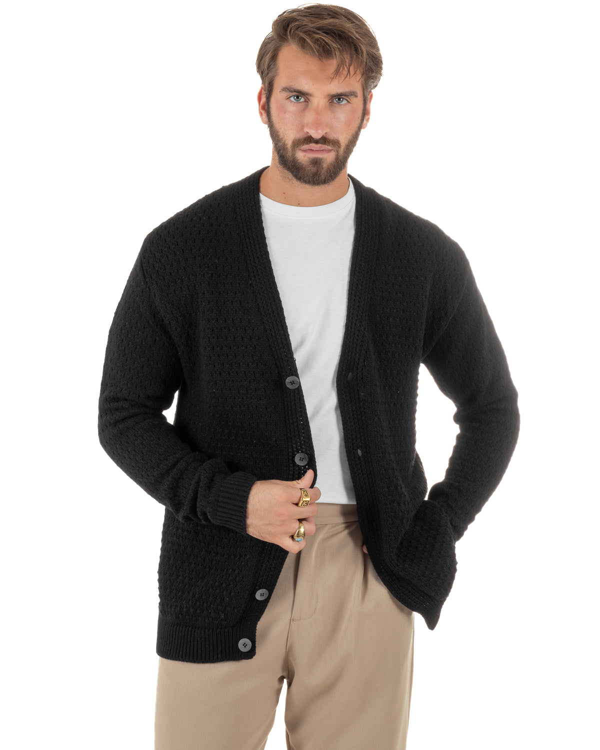 Cardigan lana uomo maglia traforata scollo a V bottoni nero GIOSAL-M3184A