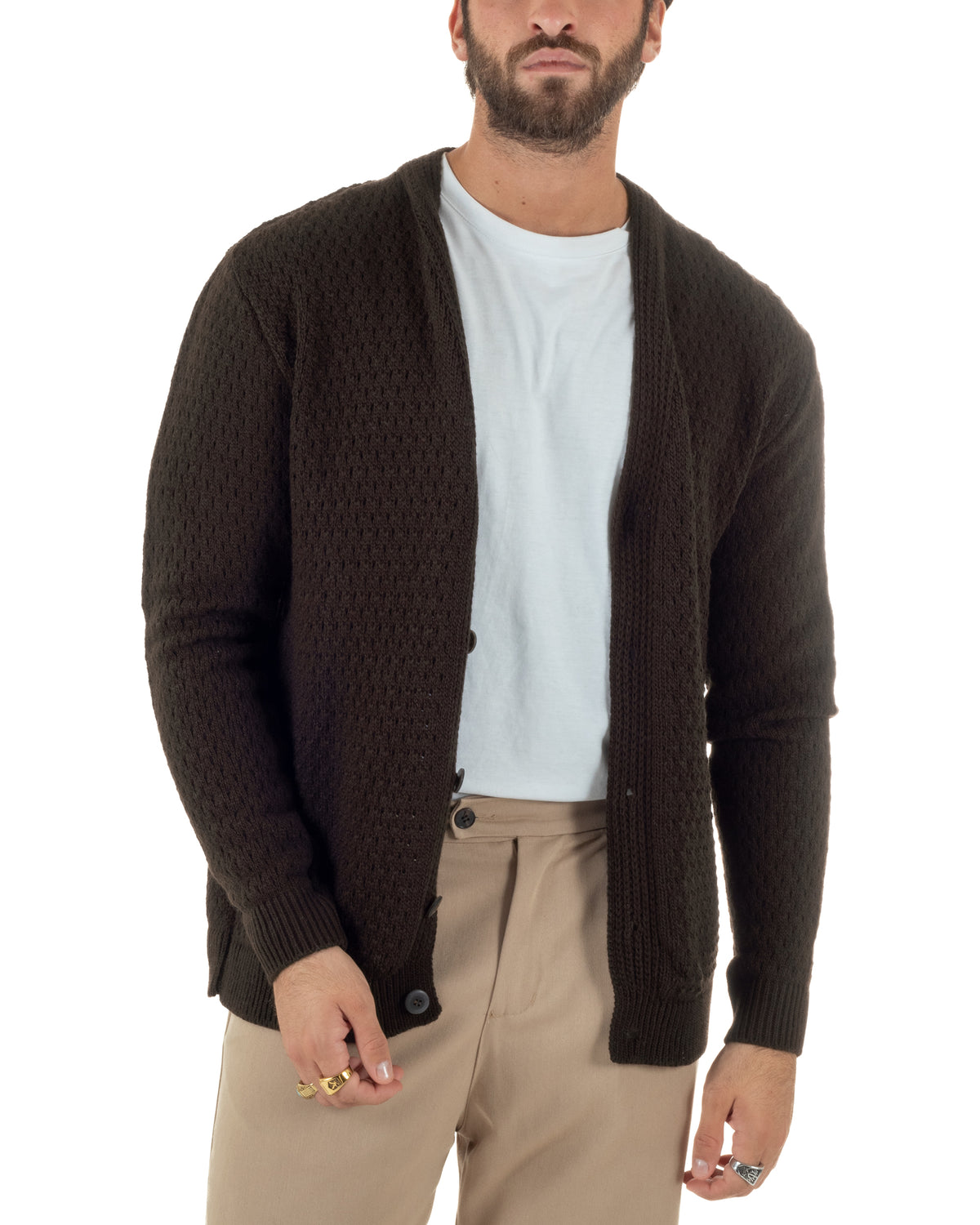 Cardigan lana uomo maglia traforata scollo a V bottoni marrone GIOSAL-M3185A