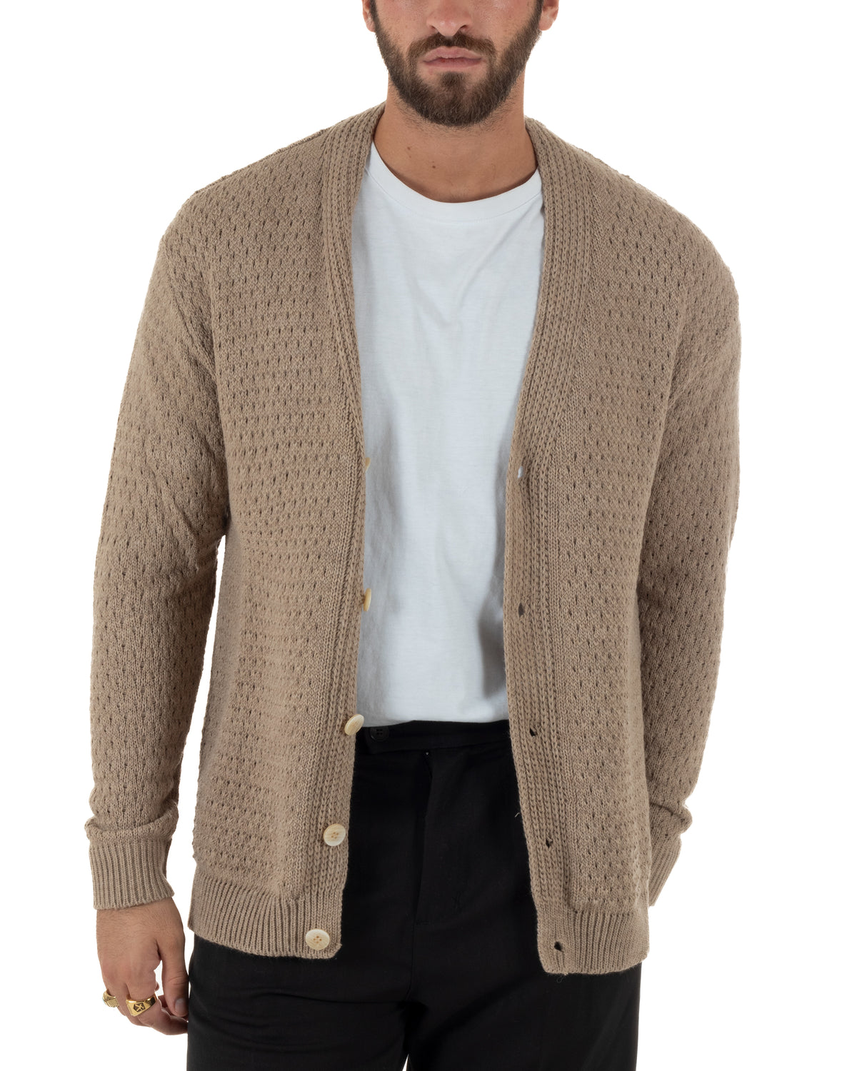 Cardigan lana uomo maglia traforata scollo a V bottoni beige GIOSAL-M3186A