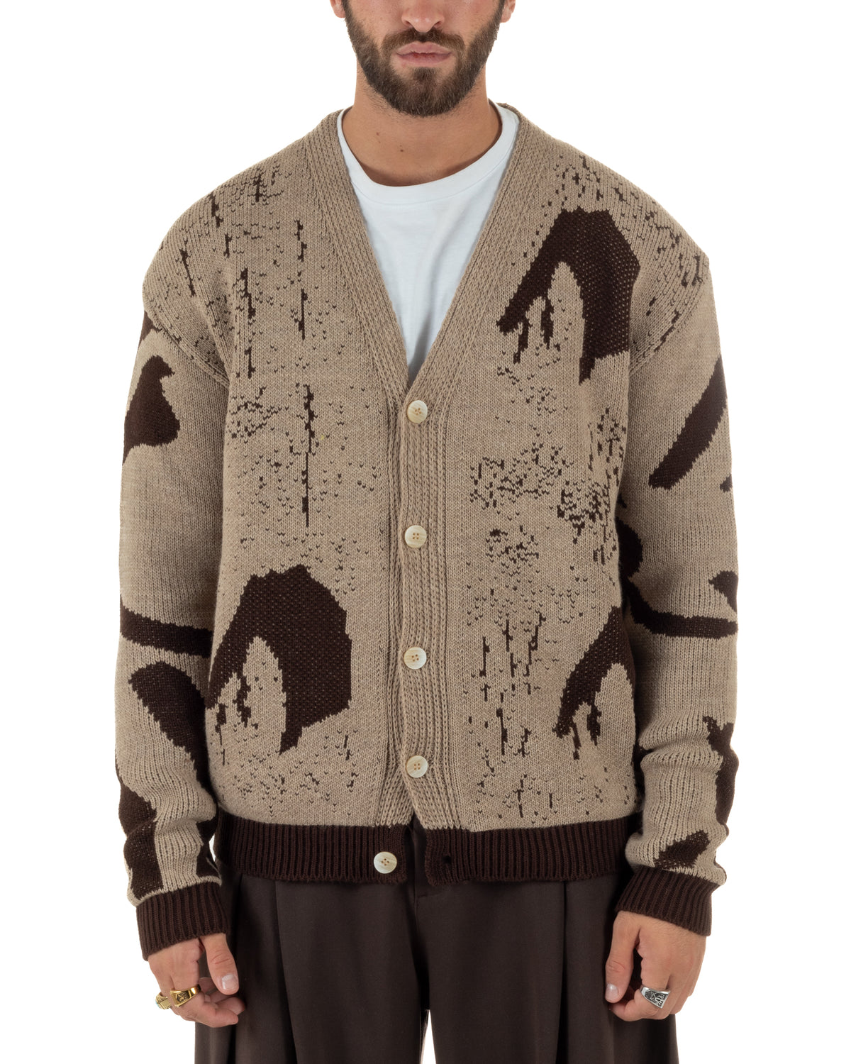 Cardigan lana uomo maglia scollo a V bottoni spalle scese bicolore beige GIOSAL-M3187A