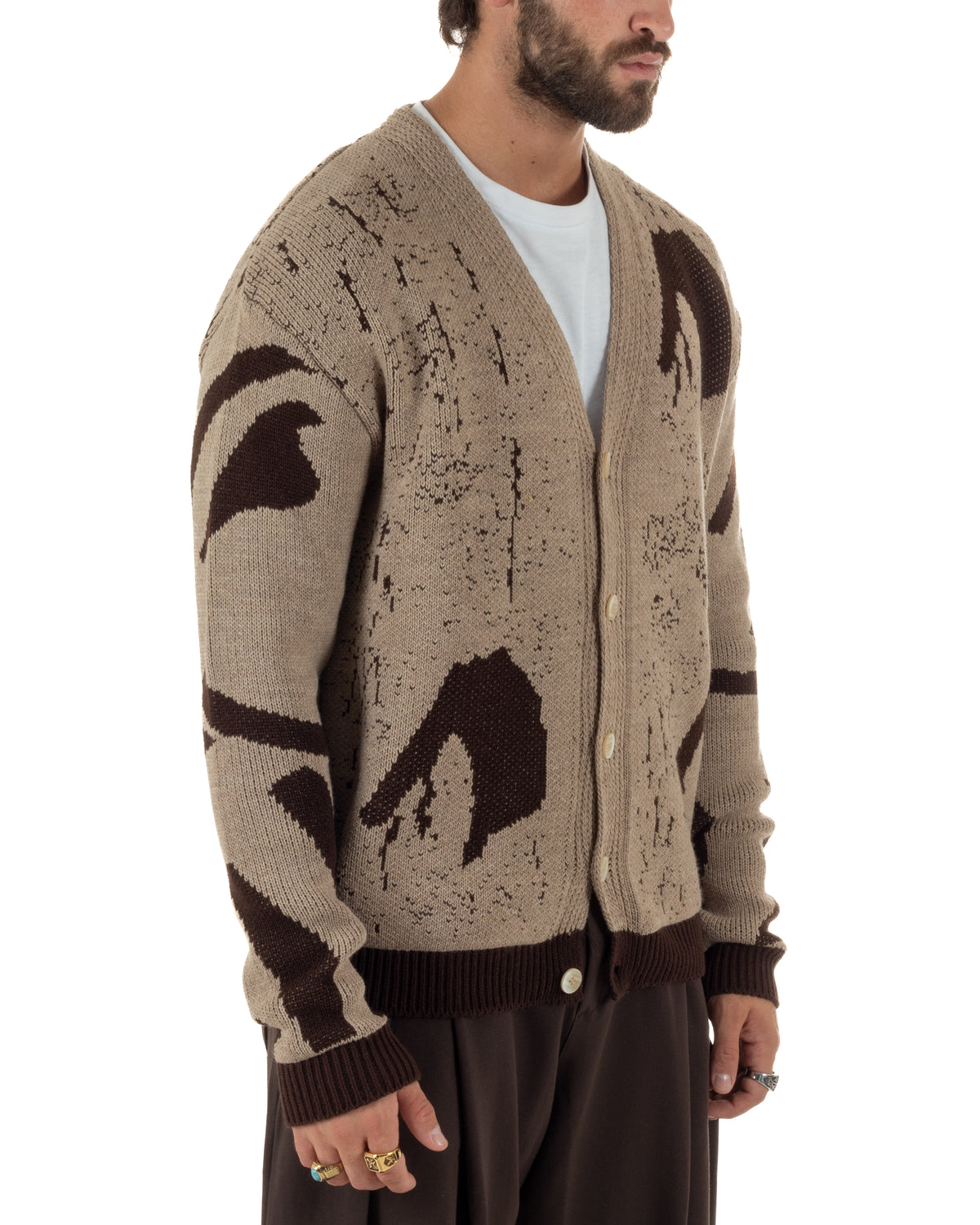 Cardigan lana uomo maglia scollo a V bottoni spalle scese bicolore beige GIOSAL-M3187A