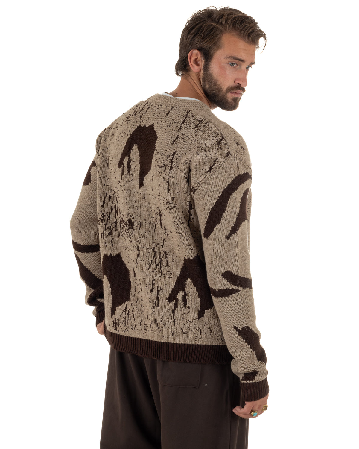 Cardigan lana uomo maglia scollo a V bottoni spalle scese bicolore beige GIOSAL-M3187A