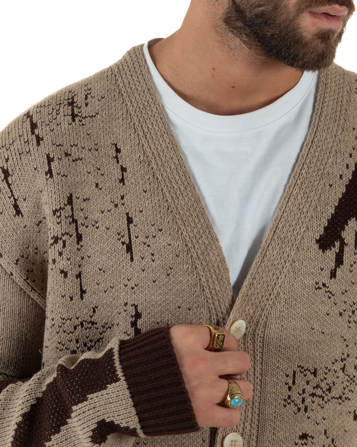Cardigan lana uomo maglia scollo a V bottoni spalle scese bicolore beige GIOSAL-M3187A